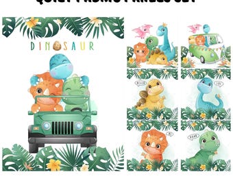 Dinosaur fabric panel for baby quilts, Quilt fabric bundle, Dinosaur nursery decor