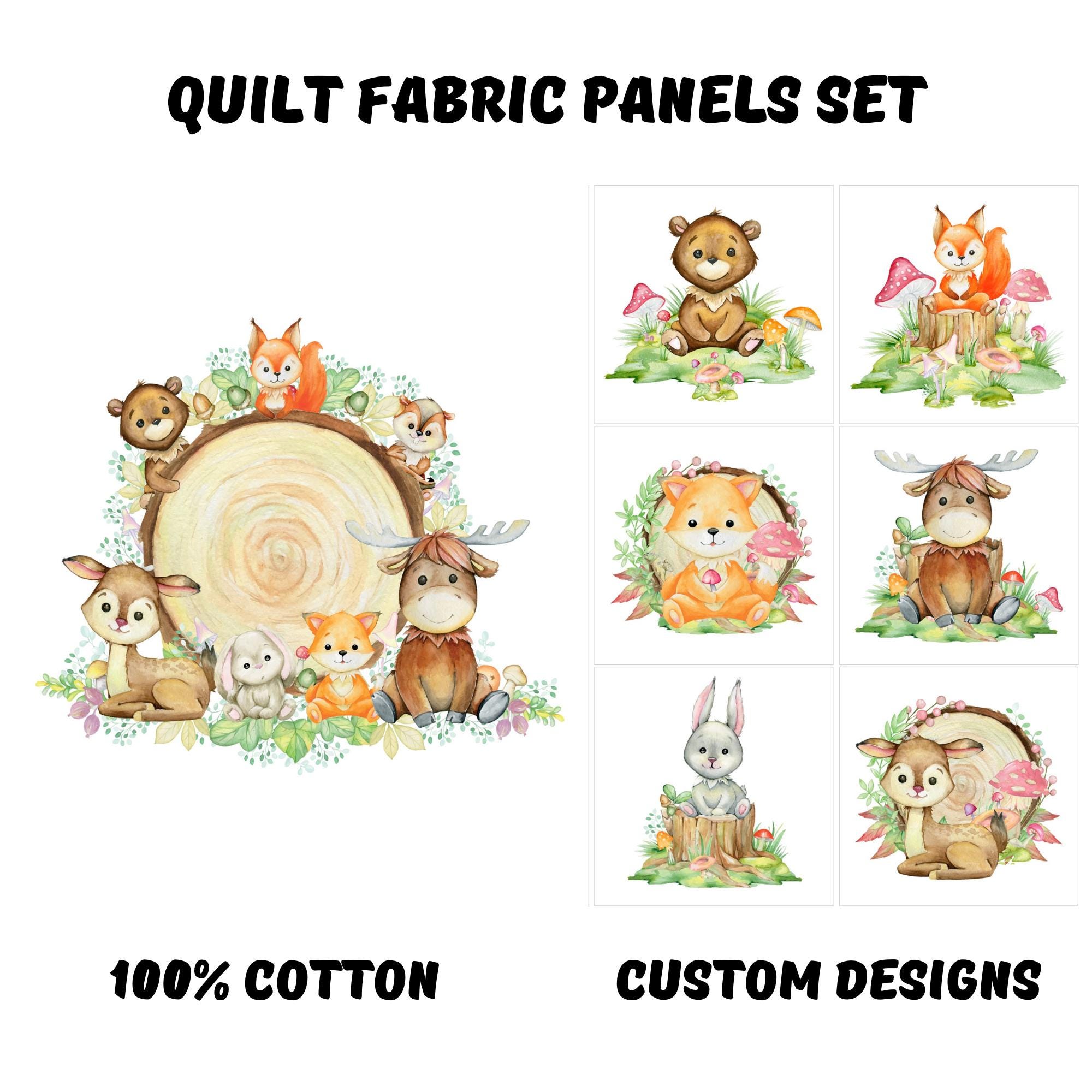 Woodland animals fabric panels for baby quilts, Forest animal baby quilt fabric bundle, Baby blanket fabric for quilting