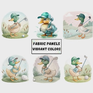 May include: Six watercolor-style illustrations of ducks playing golf, each wearing a green cap and holding a golf club. The center features a rectangular box with the black text FABRIC PANELS VIBRANT COLORS. The ducks are set against soft, pastel-toned outdoor backgrounds with grass, reeds, and golf balls.