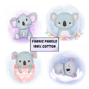 Cute koala bear fabric, Baby fabric squares for quilting, Baby quilt fabric panels