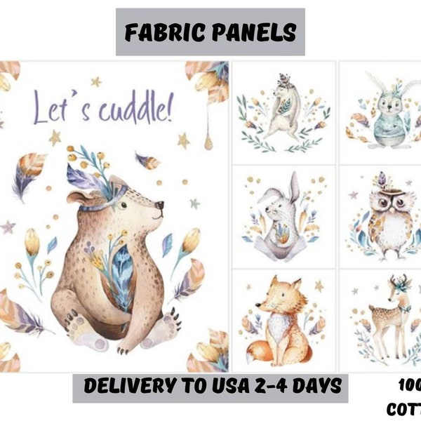 Boho woodland animal fabric panels for baby quilts, Custom fabric panel for baby