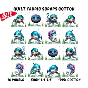 Sea turtle, octopus, whale, dolphin ocean fabric panels for quilting, Nautical baby quilt panel fabric bundle, Under the sea scraps on SALE