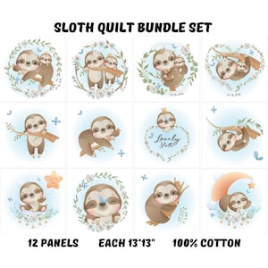 Sloth fabric panels baby for quilts, Quilting fabric baby sloth nursery decor, Baby blanket fabric