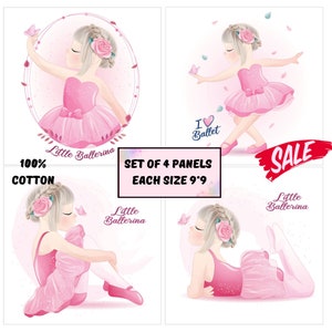 Baby ballerina fabric panels for quilting, Baby quilt panel for girl, 100% organic cotton fabric fat quarters bundle