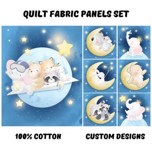 Space animal fabric panel for quilting, Baby quilt panels fabric, Baby blanket fabric, Elephant quilt fabric bundle