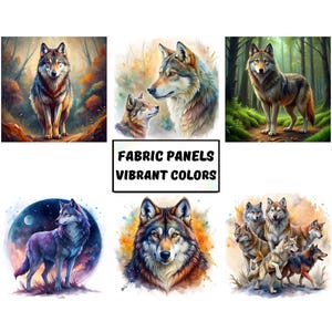 Wolf fabric panels for quilting, Wild animal print quilt fabric panels, Wolf blanket fabric