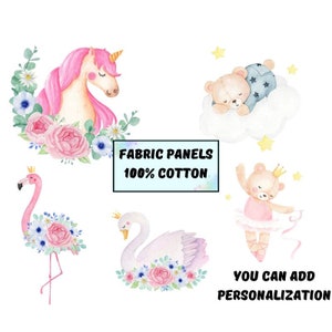 Watercolor baby quilt panel for girl, Rainbow unicorn fabric panel, Bear fabric baby boy