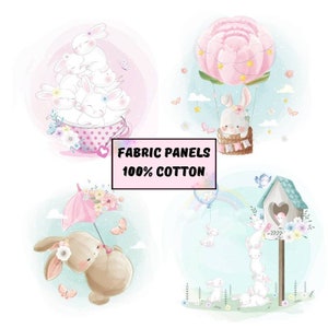 Hare fabric panels for quilting, Bunny quilt fabric, Childrens fabric organic cotton
