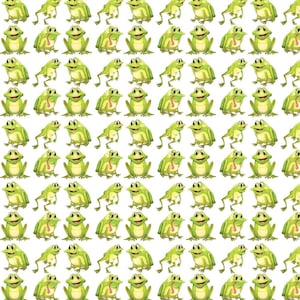 May include: A repeating pattern of cartoon frogs in various poses. The frogs are primarily green with yellow accents and red tongues. The background is plain white, creating a high-contrast design.