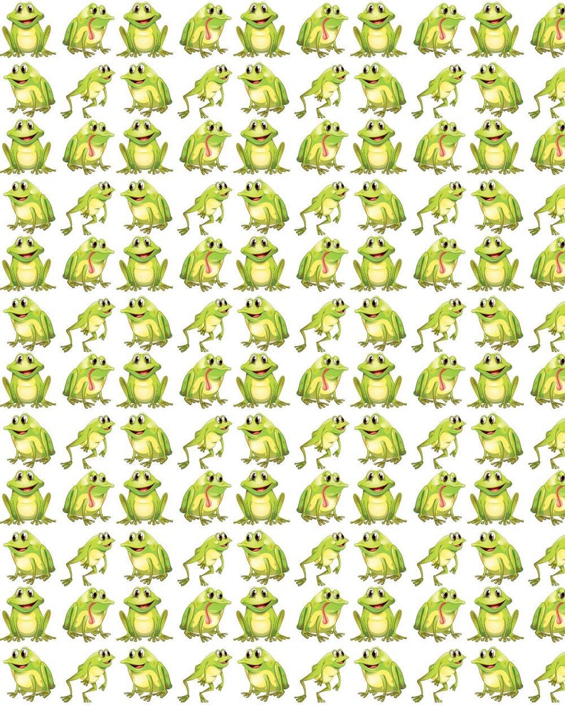 May include: A repeating pattern of cartoon frogs in various poses. The frogs are primarily green with yellow accents and red tongues. The background is plain white, creating a high-contrast design.