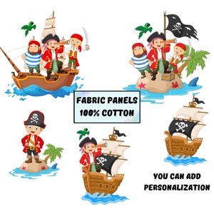 Pirate fabric panels for baby quilts, Baby boy fabric panel for quilting, Pirate ship fabric with skull