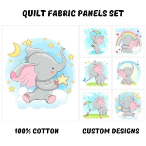 Baby elephant fabric bundle for quilting, Cute baby girl quilt panel, Quilt panel for baby boys