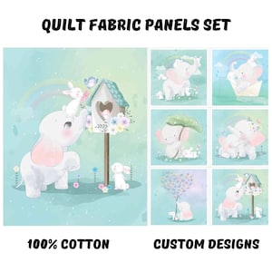 Baby elephant fabric panels for quilting, Baby fabric panels for nursery decor