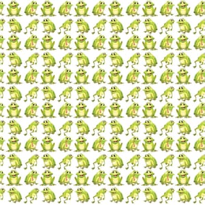 May include: A repeating pattern of cartoon frogs in various poses. The frogs are primarily green with yellow accents and are set against a white background. The frogs have smiling faces and are in different positions.