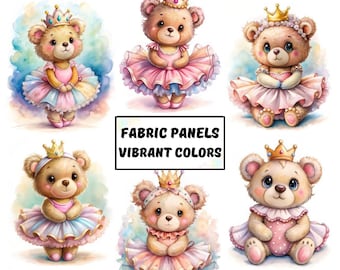 Baby bear queen fabric panels for quilting, Baby girl quilt panel for girl, Cute fabric for nursery decor, blanket, pillow