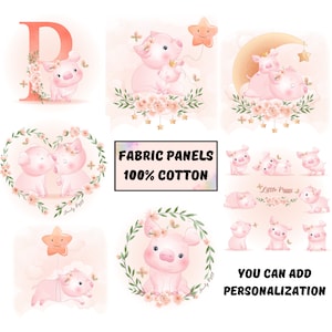 Pig fabric panel for baby quilts, Cute pig decor, Farm animal print fabric for quilting