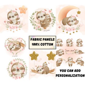 Sloth baby fabric panel for quilt, Sloth pillow case fabric, Sloth decor