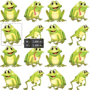 May include: A repeating pattern of cartoon frogs in various poses. The frogs are primarily green with yellow bellies and have smiling faces. The image dimensions are 3,000 inches wide by 3,160 inches high.