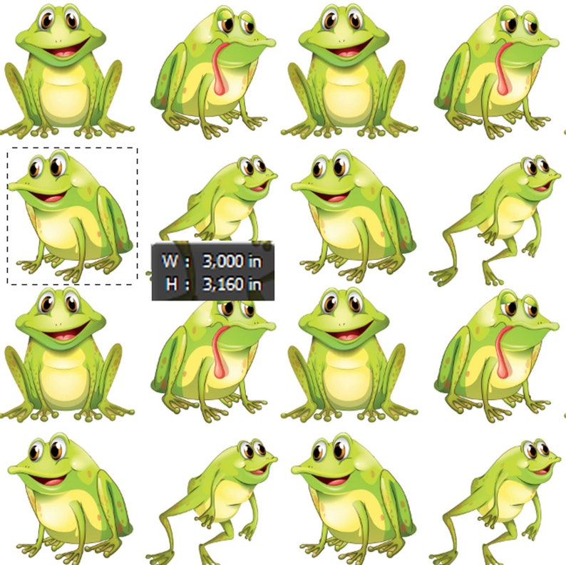May include: A repeating pattern of cartoon frogs in various poses. The frogs are primarily green with yellow bellies and have smiling faces. The image dimensions are 3,000 inches wide by 3,160 inches high.