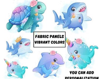 Sea turtle fabric panels for baby quilts, Baby shark fabric, Nautical fabric, Ocean fabric panels, Under the sea quilt fabric