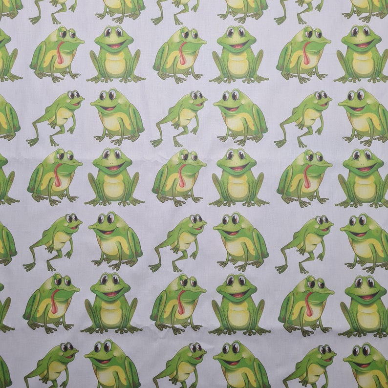 May include: A repeating pattern of cartoon frogs in various poses. The frogs are primarily green with white bellies and red tongues. The background is a light gray color.