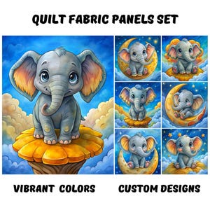 Puede incluir: Juego de paneles de tela de edredón con elefantes de dibujos animados en varias poses. La imagen principal muestra un elefante gris con orejas grandes y ojos azules, sentado sobre una estructura amarilla en forma de flor contra un cielo azul. El texto dice "COLORES VIBRANTES" y "DISEÑOS PERSONALIZADOS".