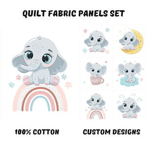 Baby elephant fabric panels for quilting, Baby girl fabric panels for nursery decor, Baby boy quilt fabric bundle