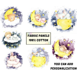 Baby on moon sleep fabric panel, Cute watercolor cotton fabric panel for baby quilts