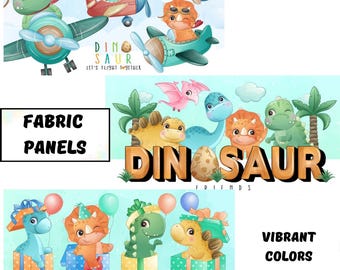 Cute dinosaur fabric panel for baby quilt, Custom print fabric panel