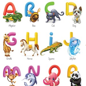 May include: Colorful alphabet letters with corresponding animal illustrations. Includes an alligator, bee, cat, dog, giraffe, horse, iguana, and jellyfish. Each letter is a different color, with the animal names written below.
