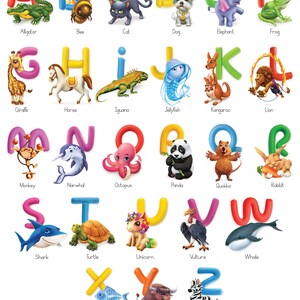 May include: A colorful alphabet chart featuring 26 letters, each paired with an animal illustration. The letters are in vibrant colors, with animals like an alligator, bee, cat, dog, elephant, and frog. The chart is designed for educational purposes.