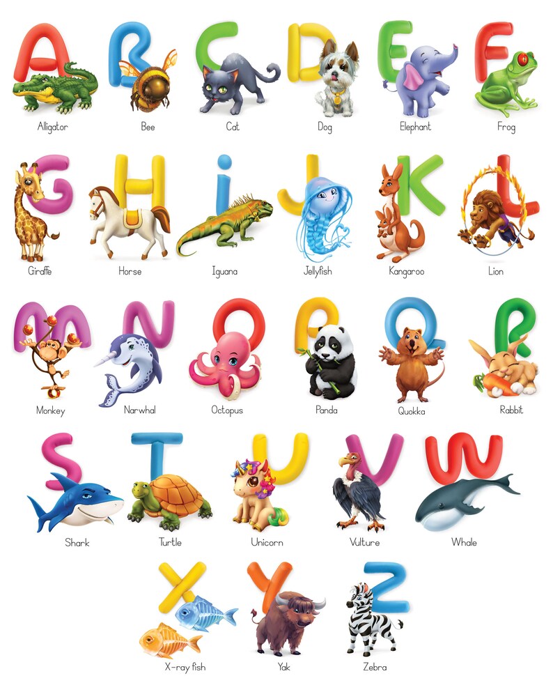 May include: A colorful alphabet chart featuring 26 letters, each paired with an animal illustration. The letters are in vibrant colors, with animals like an alligator, bee, cat, dog, elephant, and frog. The chart is designed for educational purposes.