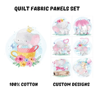 Baby elephant fabric panel, Baby quilt panels fabric, Baby blanket fabric