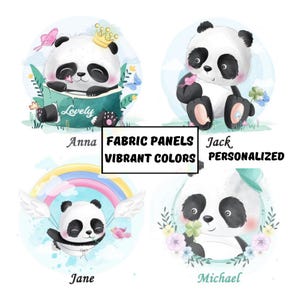 Könnte beinhalten: Vier Stoffpaneele mit Illustrationen von entzückenden Panda-Bären. Jeder Panda hat einzigartige Accessoires, wie eine Krone, Blumen oder einen Regenbogen. Der Text enthält Namen und die Wörter "Fabric Panels, Vibrant Colors, Personalized."
