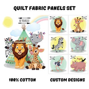 Boho safari animals fabric panels for quilting, Baby quilt fabric bundle, Safari nursery blanket sewing fabric