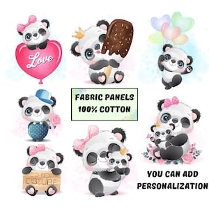 Cute panda bear fabric panel for baby quilt, Baby animal fabric, Child fabric panel for quilting