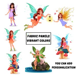 Puede incluir: Una colección de siete ilustraciones de hadas con diversas poses, atuendos y colores de alas, incluyendo personajes con linternas, flautas y mariposas. El texto dice FABRIC PANELS VIBRANT COLORS y YOU CAN ADD PERSONALIZATION.