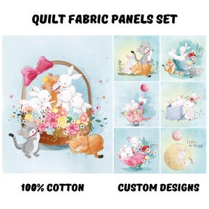 Baby bunny and cat quilt panel bundle, Fabric panel for baby girl quilt, Child fabric panel