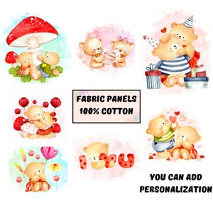 Baby bear fabric panel, Cute watercolor animal print fabric panel for baby quilts