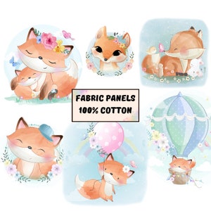 Baby fox fabric panels for quilting, Cute fox quilt fabric bundle for childrens