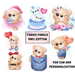 Cute bear fabric panel for quilting, Cotton baby fabric panel for quilts