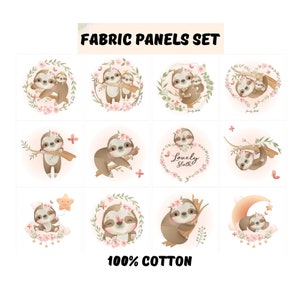 Sloth fabric panels baby for quilts, Quilting fabric baby sloth nursery decor, Baby blanket fabric