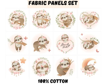 Sloth fabric panels baby for quilts, Quilting fabric baby sloth nursery decor, Baby blanket fabric