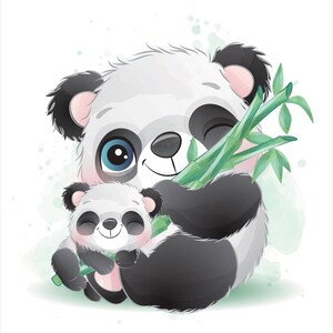K&ouml;nnte beinhalten: Aquarellillustration eines Panda-Muttertiers und ihres Jungen. Die Pandas sind schwarz und wei&szlig; mit rosa Akzenten und halten gr&uuml;nen Bambus. Die Panda-Mutter zwinkert, und das Junge l&auml;chelt. Der Hintergrund hat weiche gr&uuml;ne Aquarellspritzer.