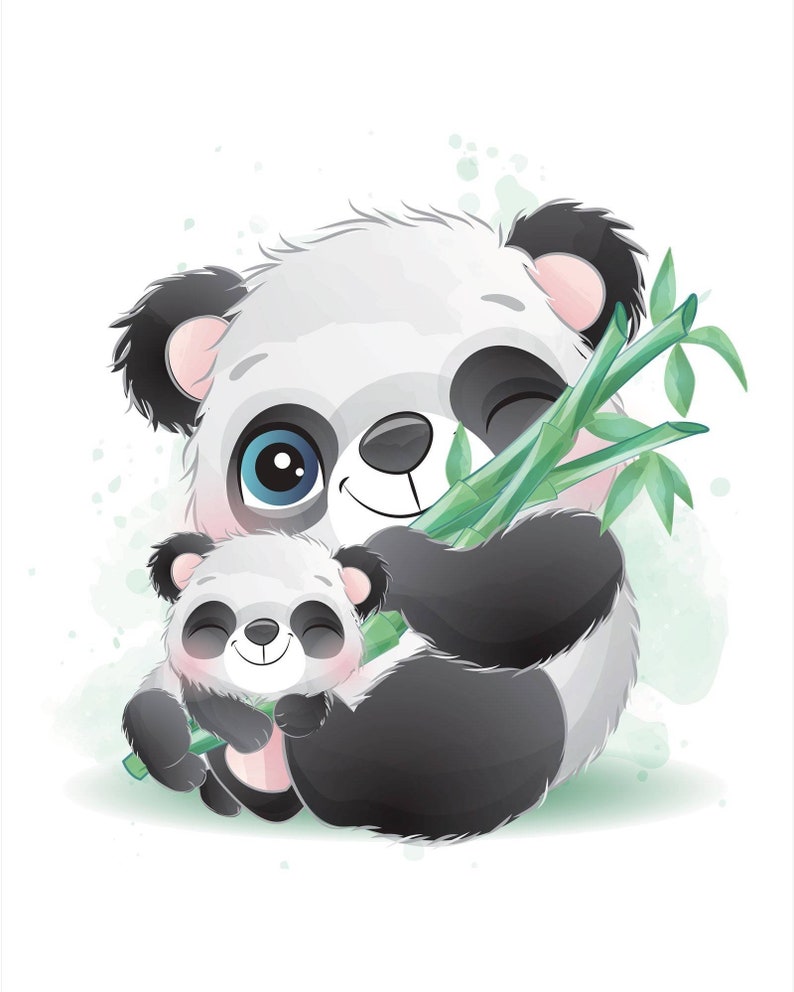 K&ouml;nnte beinhalten: Aquarellillustration eines Panda-Muttertiers und ihres Jungen. Die Pandas sind schwarz und wei&szlig; mit rosa Akzenten und halten gr&uuml;nen Bambus. Die Panda-Mutter zwinkert, und das Junge l&auml;chelt. Der Hintergrund hat weiche gr&uuml;ne Aquarellspritzer.