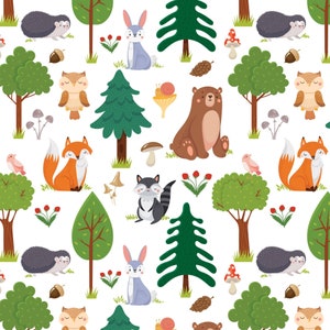 Woodland animals fabric by the yard, Nursery forest quilting fabric panels, Foxes, deer, bear quilt fabric