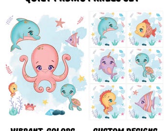 Sea life fabric panel, Ocean fabric panels for quilting, Baby girl quilt panel fabric bundle, Dolphin fabric panel, Octopus, turtle fabric