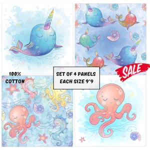 Wasserschildkröte, Tintenfisch, Wal, Ozean Stoffpanele zum quilten, nautisches Baby Quilt Panel Stoffpaket, unter dem Meer im SALE