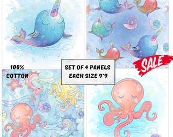 Sea turtle, octopus, whale ocean fabric panels for quilting, Nautical baby quilt panel fabric bundle, Under the sea scraps on SALE