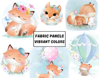 Baby fox fabric panels for quilting, Cute fox quilt fabric bundle for childrens